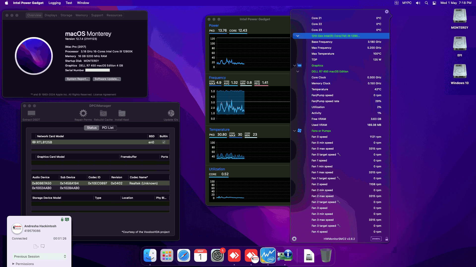 Success Hackintosh macOS Monterey 12.7.4 Build 21H1123 in Gigabyte Z790 UD + Intel Core i9 12900K + Dell R7 450